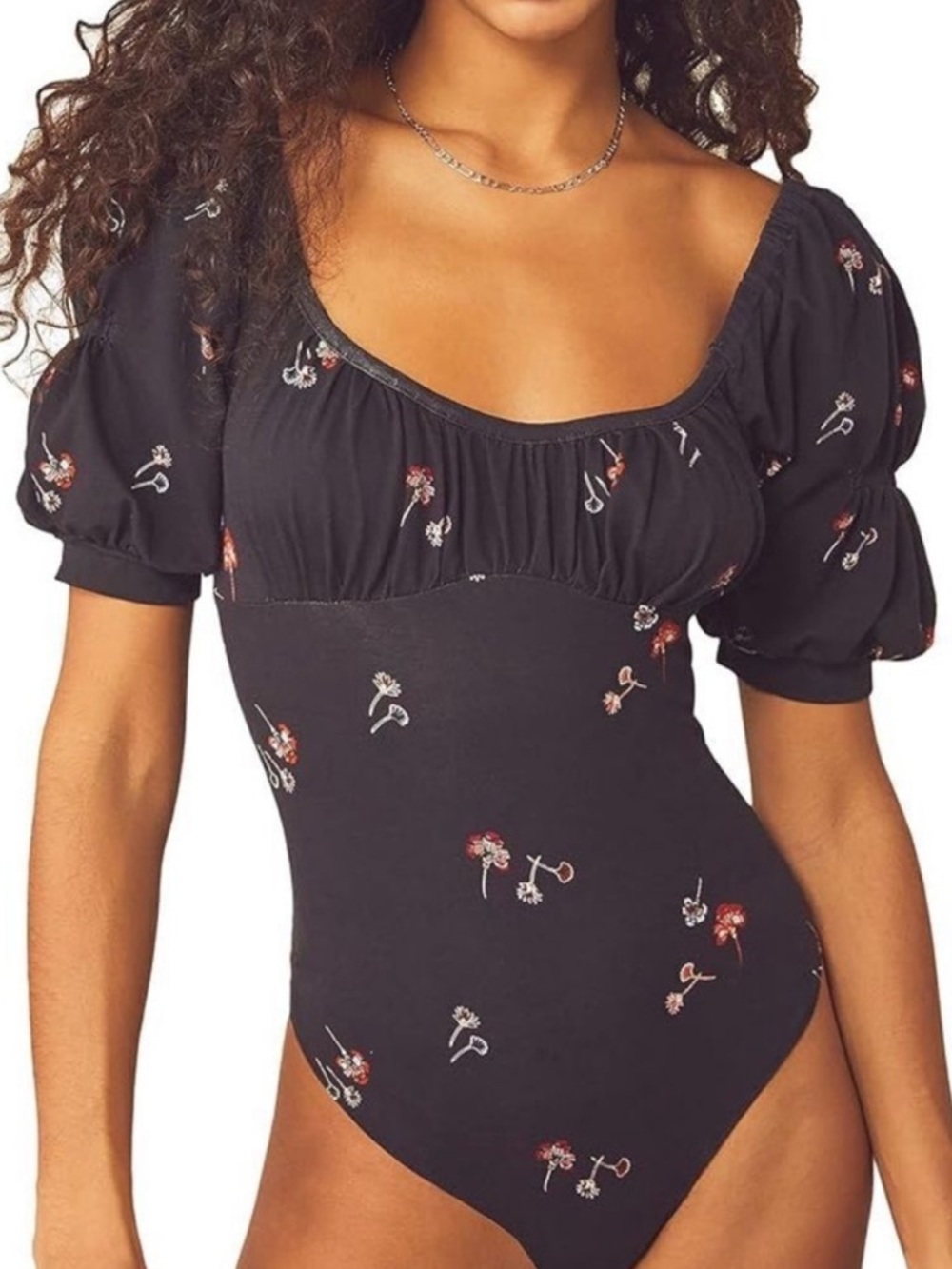 Free People Play Date Bodysuit Size XS Black Floral Milkmaid Puff Sleeves
